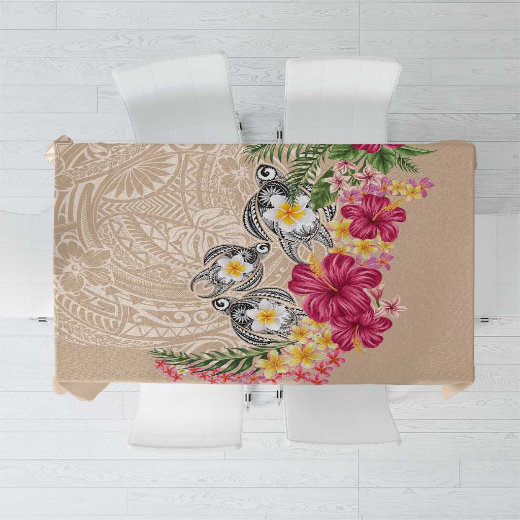 Hawaiian Tropical Flowers and Tribal Turtles Tablecloth Polynesian Art Motifs Beige Color - Polynesian Pride