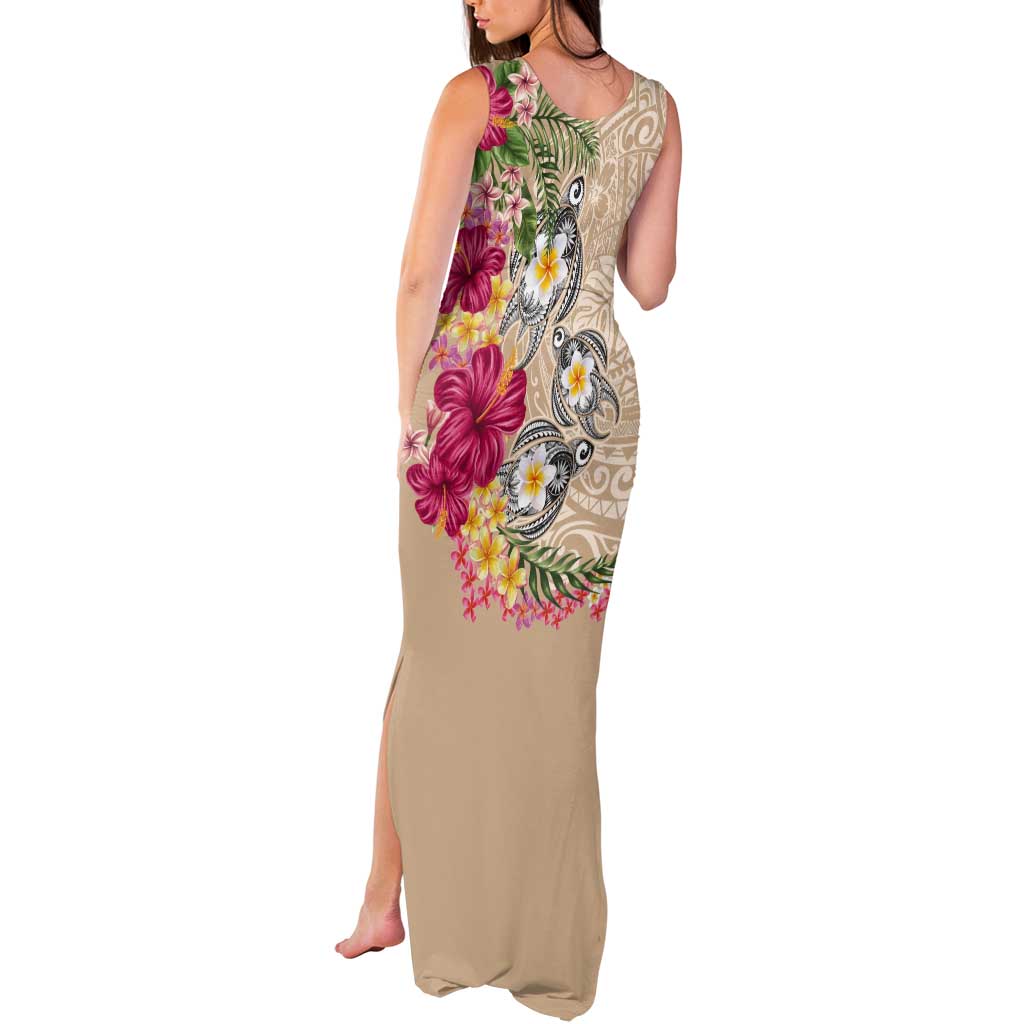 Hawaiian Tropical Flowers and Tribal Turtles Tank Maxi Dress Polynesian Art Motifs Beige Color - Polynesian Pride
