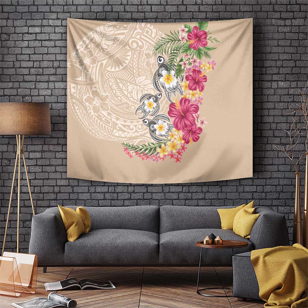 Hawaiian Tropical Flowers and Tribal Turtles Tapestry Polynesian Art Motifs Beige Color - Polynesian Pride