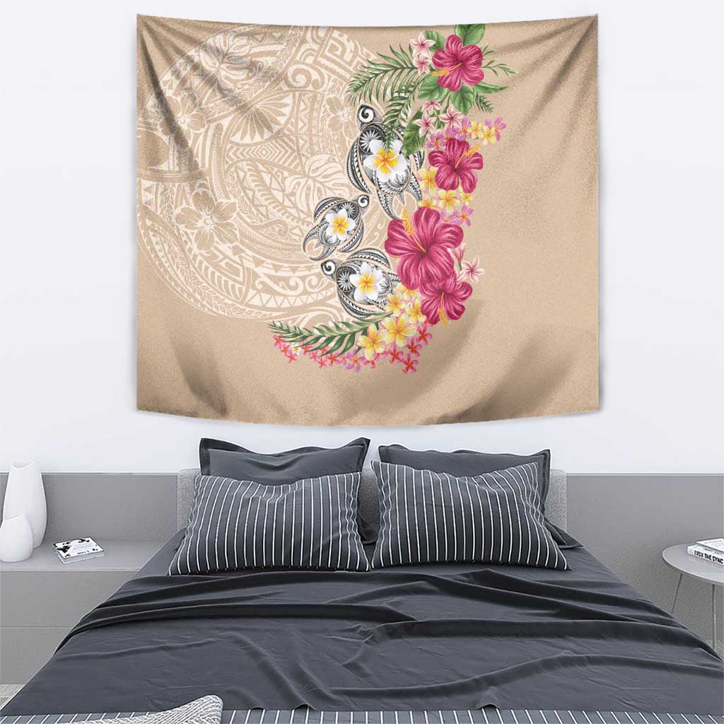 Hawaiian Tropical Flowers and Tribal Turtles Tapestry Polynesian Art Motifs Beige Color - Polynesian Pride
