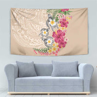 Hawaiian Tropical Flowers and Tribal Turtles Tapestry Polynesian Art Motifs Beige Color - Polynesian Pride