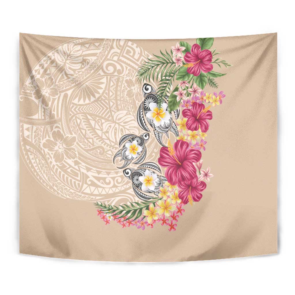 Hawaiian Tropical Flowers and Tribal Turtles Tapestry Polynesian Art Motifs Beige Color - Polynesian Pride