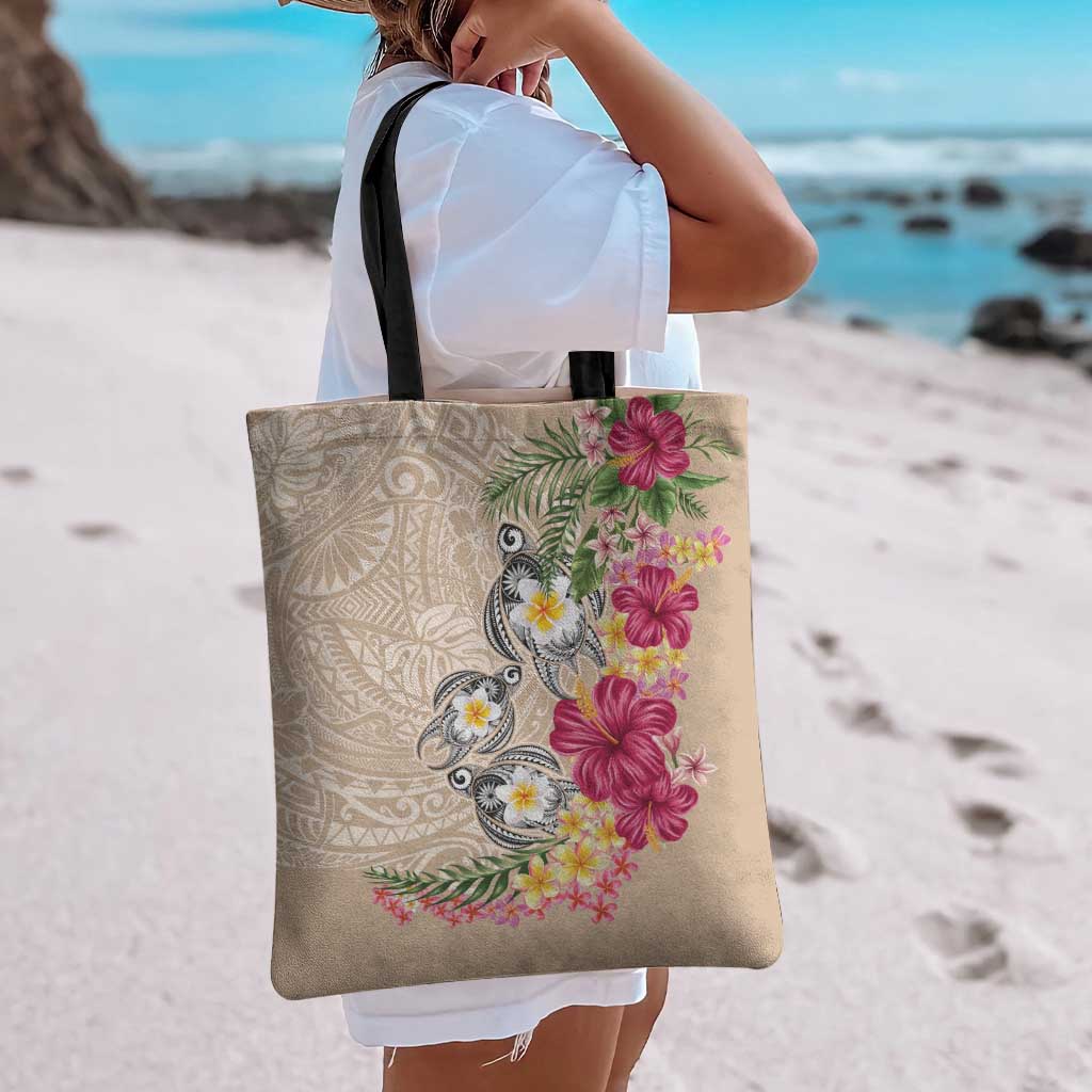 Hawaiian Tropical Flowers and Tribal Turtles Tote Bag Polynesian Art Motifs Beige Color - Polynesian Pride