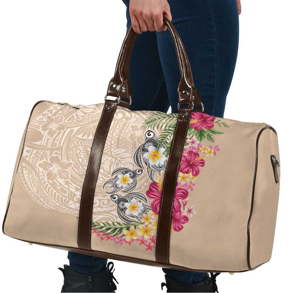 Hawaiian Tropical Flowers and Tribal Turtles Travel Bag Polynesian Art Motifs Beige Color - Polynesian Pride