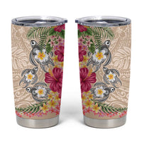 Hawaiian Tropical Flowers and Tribal Turtles Tumbler Cup Polynesian Art Motifs Beige Color - Polynesian Pride