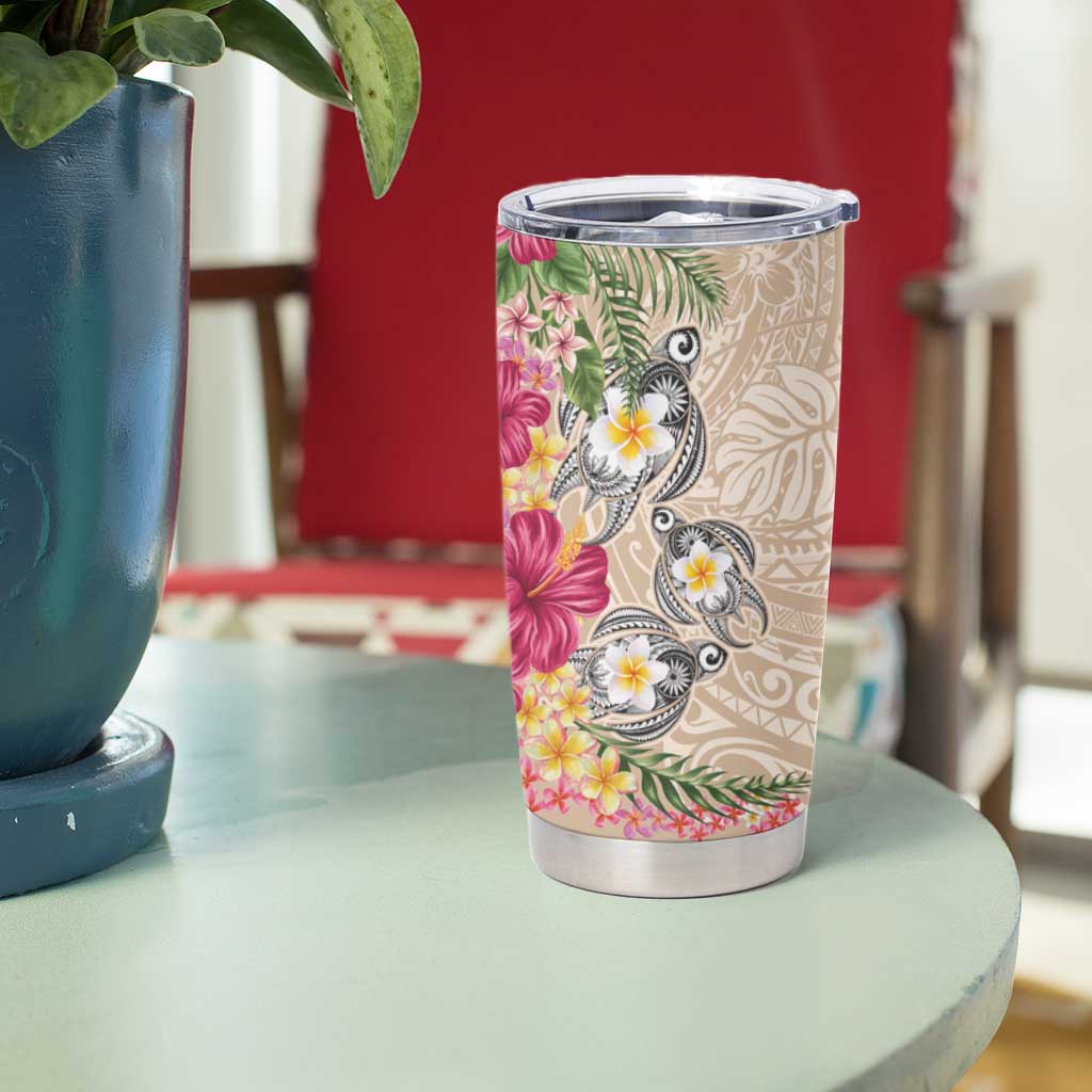 Hawaiian Tropical Flowers and Tribal Turtles Tumbler Cup Polynesian Art Motifs Beige Color - Polynesian Pride