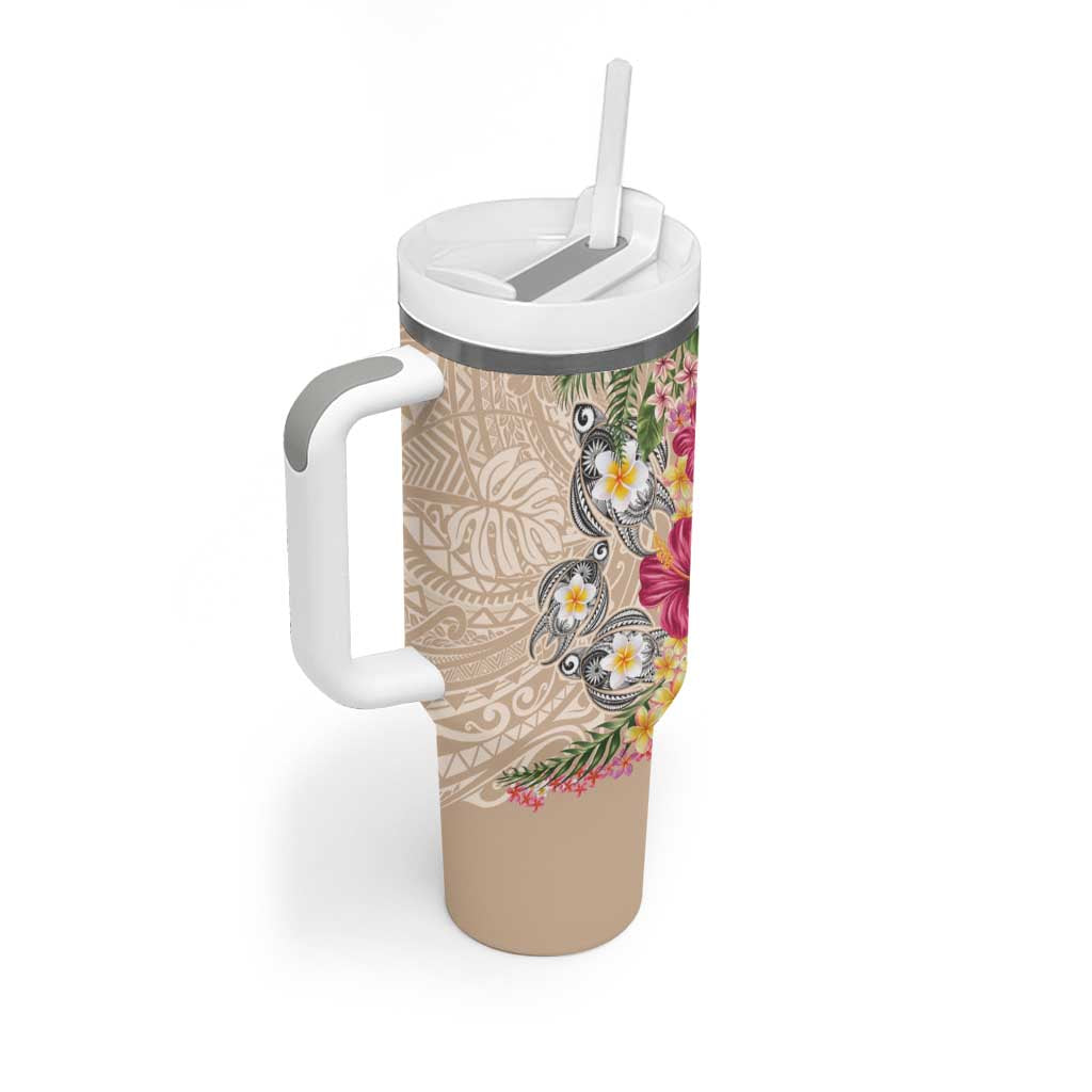 Hawaiian Tropical Flowers and Tribal Turtles Tumbler With Handle Polynesian Art Motifs Beige Color - Polynesian Pride