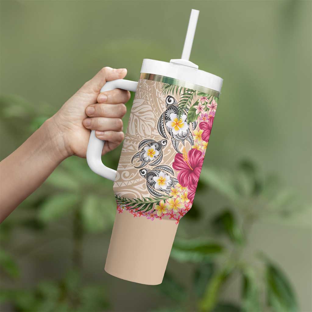 Hawaiian Tropical Flowers and Tribal Turtles Tumbler With Handle Polynesian Art Motifs Beige Color - Polynesian Pride