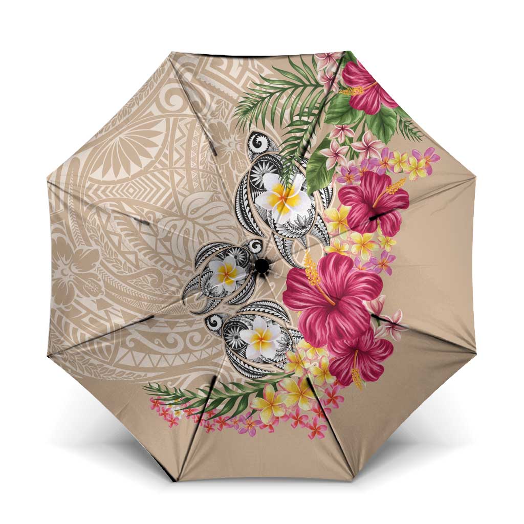 Hawaiian Tropical Flowers and Tribal Turtles Umbrella Polynesian Art Motifs Beige Color - Polynesian Pride