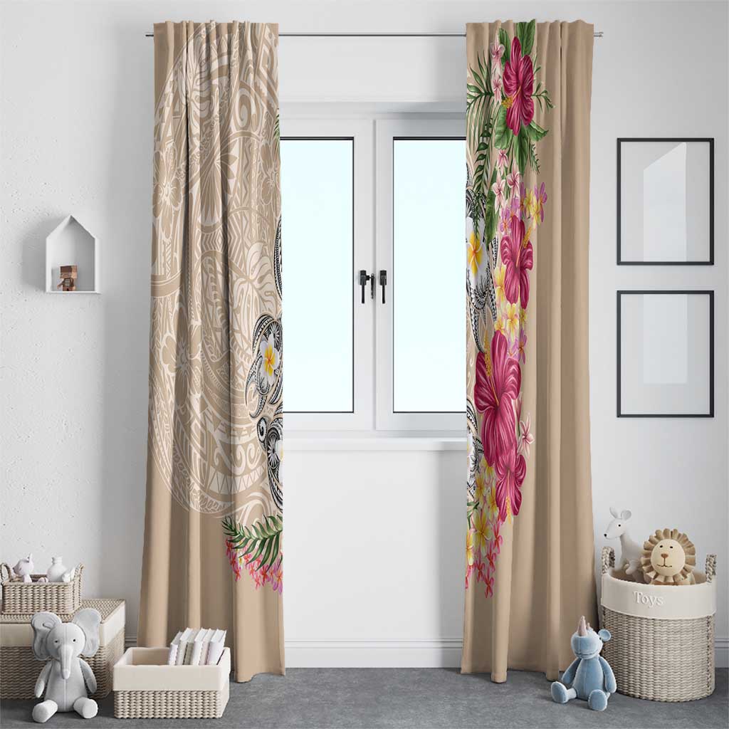 Hawaiian Tropical Flowers and Tribal Turtles Window Curtain Polynesian Art Motifs Beige Color - Polynesian Pride