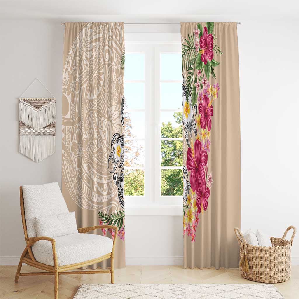 Hawaiian Tropical Flowers and Tribal Turtles Window Curtain Polynesian Art Motifs Beige Color - Polynesian Pride