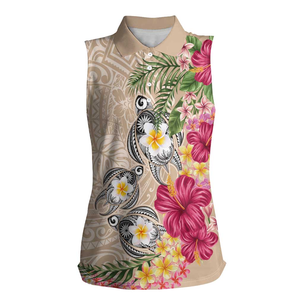 Hawaiian Tropical Flowers and Tribal Turtles Women Sleeveless Polo Shirt Polynesian Art Motifs Beige Color - Polynesian Pride