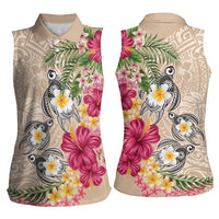 Hawaiian Tropical Flowers and Tribal Turtles Women Sleeveless Polo Shirt Polynesian Art Motifs Beige Color - Polynesian Pride