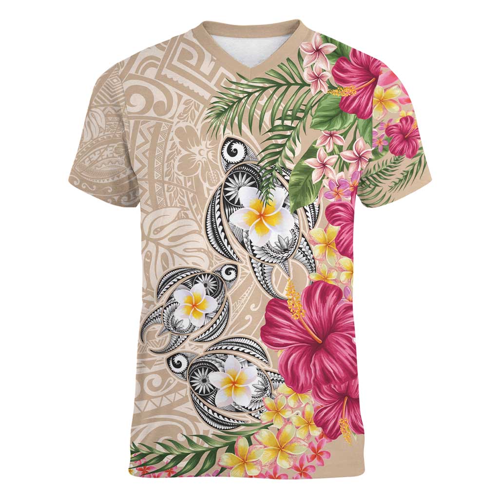 Hawaiian Tropical Flowers and Tribal Turtles Women V-Neck T-Shirt Polynesian Art Motifs Beige Color - Polynesian Pride