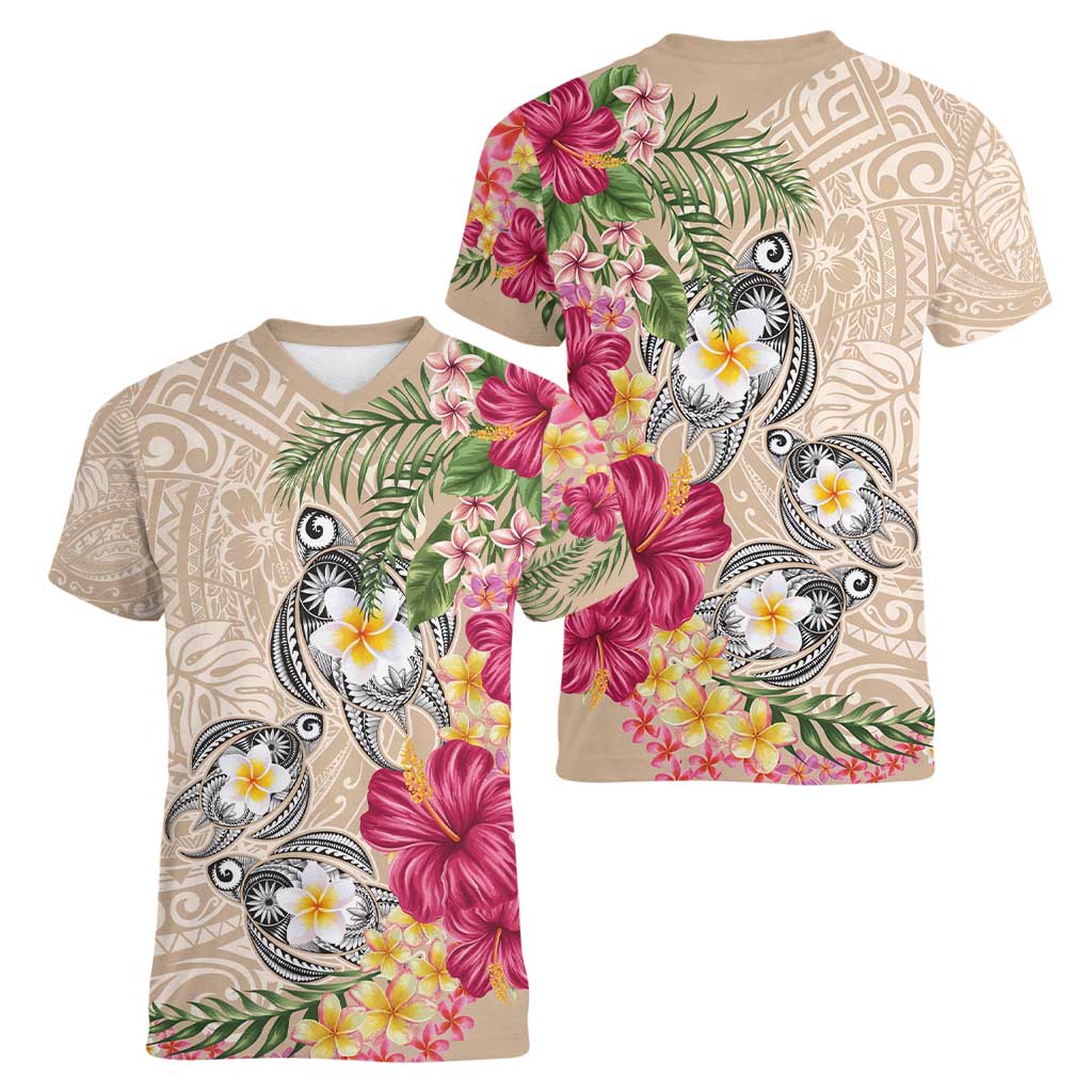 Hawaiian Tropical Flowers and Tribal Turtles Women V-Neck T-Shirt Polynesian Art Motifs Beige Color - Polynesian Pride