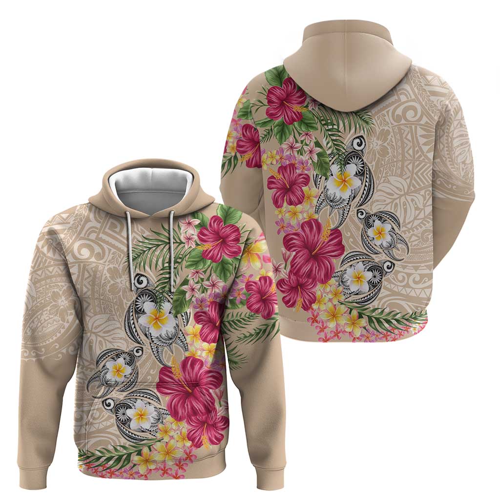 Hawaiian Tropical Flowers and Tribal Turtles Zip Hoodie Polynesian Art Motifs Beige Color - Polynesian Pride