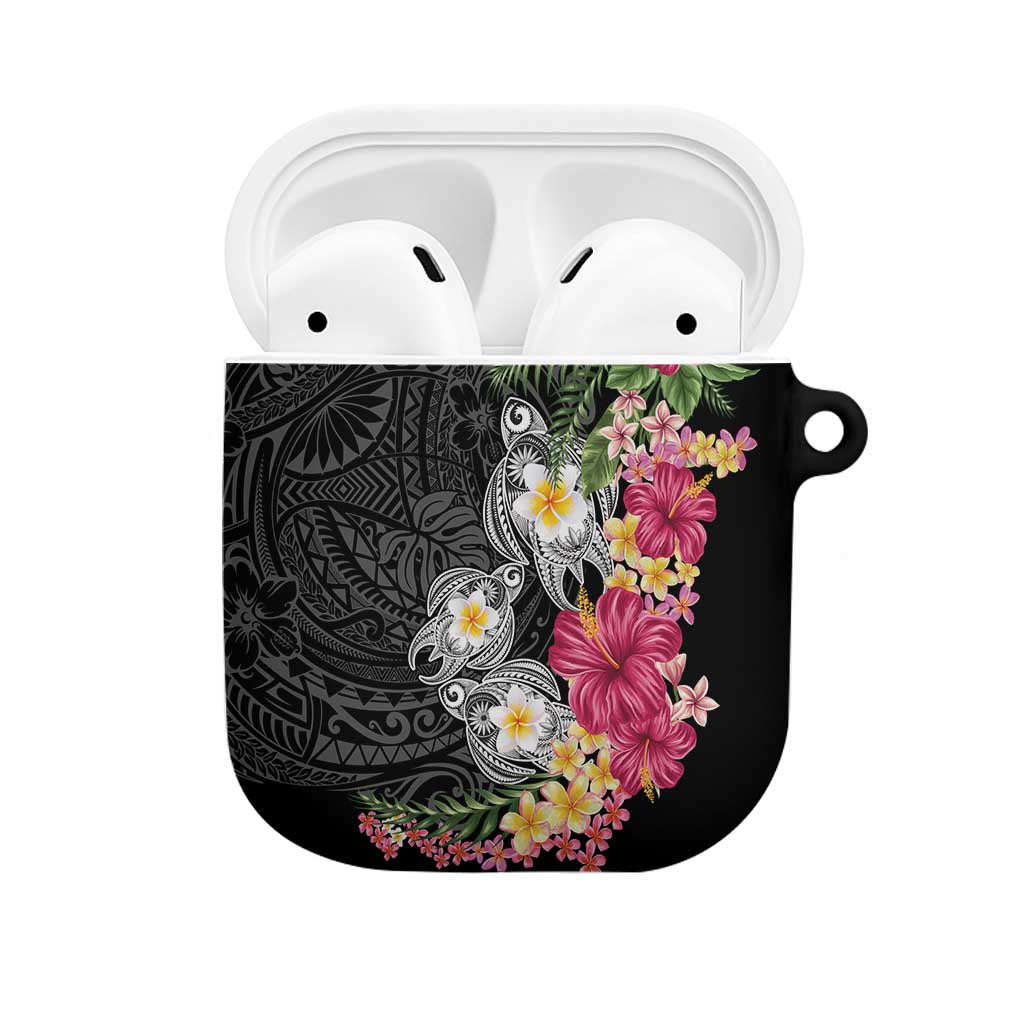 Hawaiian Tropical Flowers and Tribal Turtles AirPods Case Polynesian Art Motifs Black Color - Polynesian Pride
