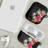 Hawaiian Tropical Flowers and Tribal Turtles AirPods Case Polynesian Art Motifs Black Color - Polynesian Pride
