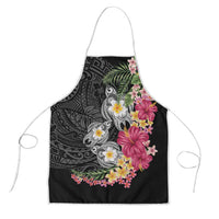 Hawaiian Tropical Flowers and Tribal Turtles Apron Polynesian Art Motifs Black Color - Polynesian Pride