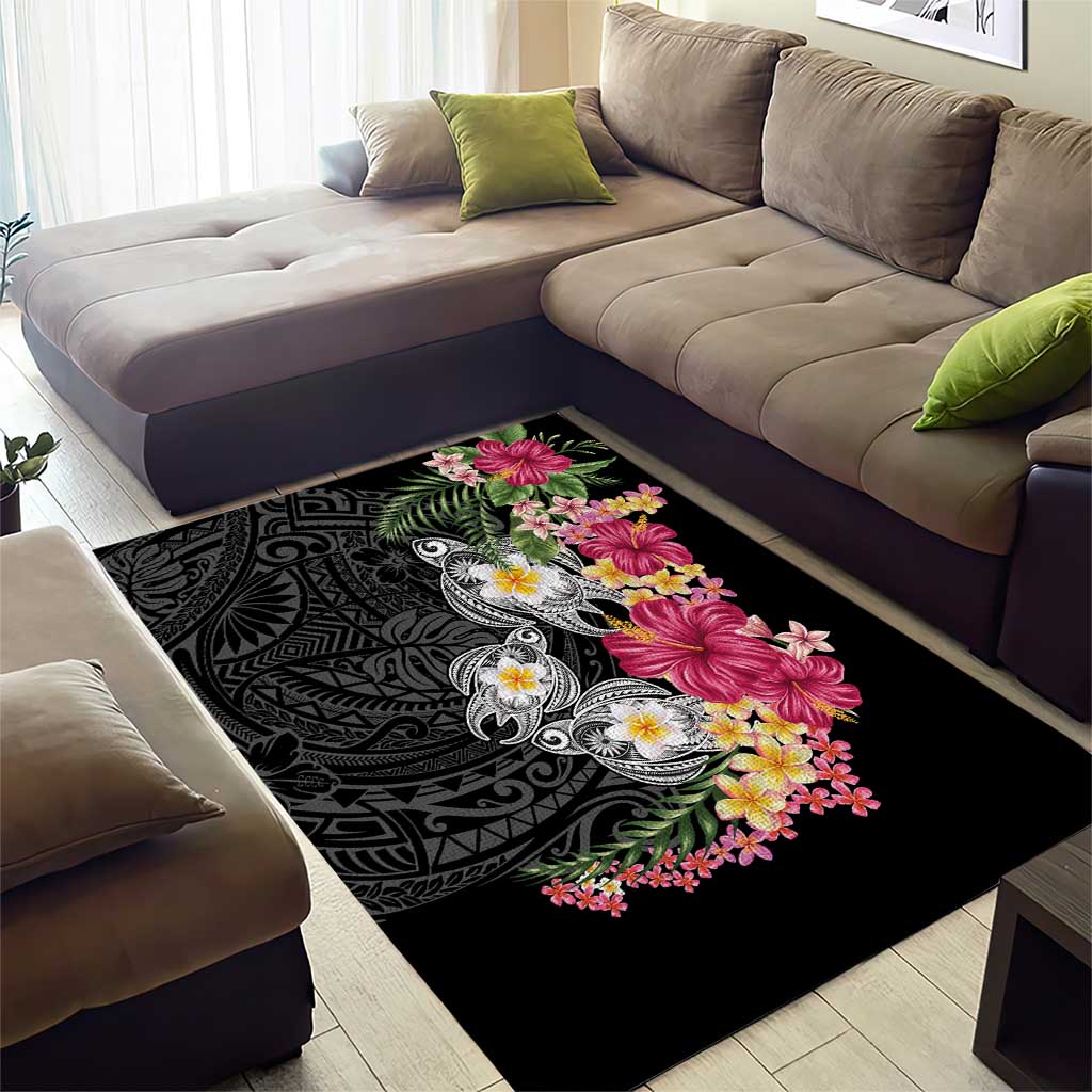 Hawaiian Tropical Flowers and Tribal Turtles Area Rug Polynesian Art Motifs Black Color - Polynesian Pride