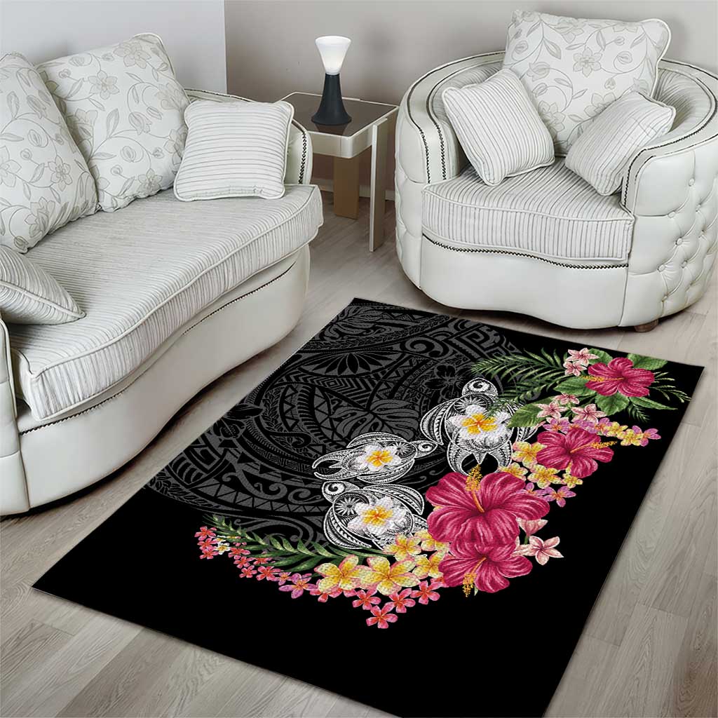 Hawaiian Tropical Flowers and Tribal Turtles Area Rug Polynesian Art Motifs Black Color - Polynesian Pride
