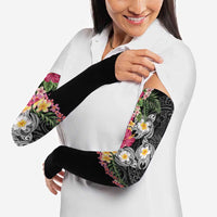 Hawaiian Tropical Flowers and Tribal Turtles Arm Sleeves Polynesian Art Motifs Black Color - Polynesian Pride