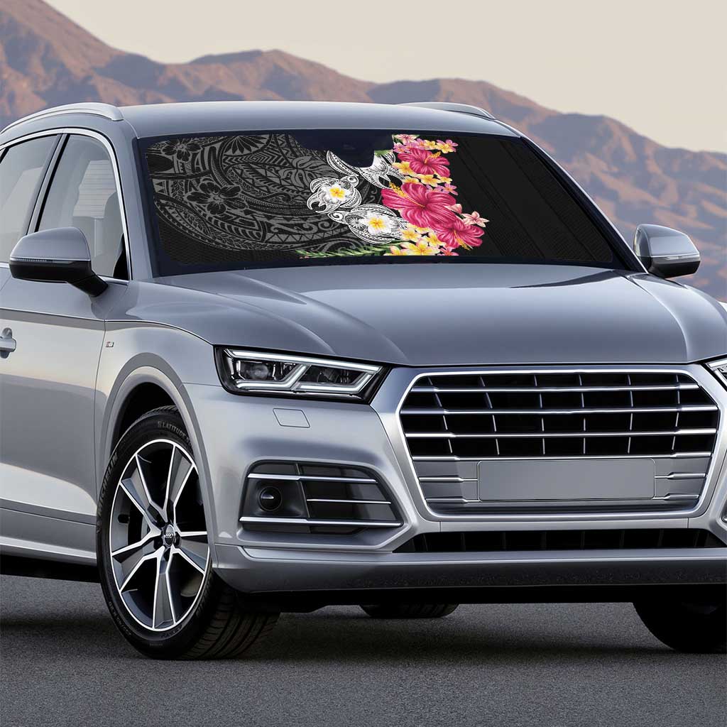 Hawaiian Tropical Flowers and Tribal Turtles Auto Sun Shade Polynesian Art Motifs Black Color - Polynesian Pride