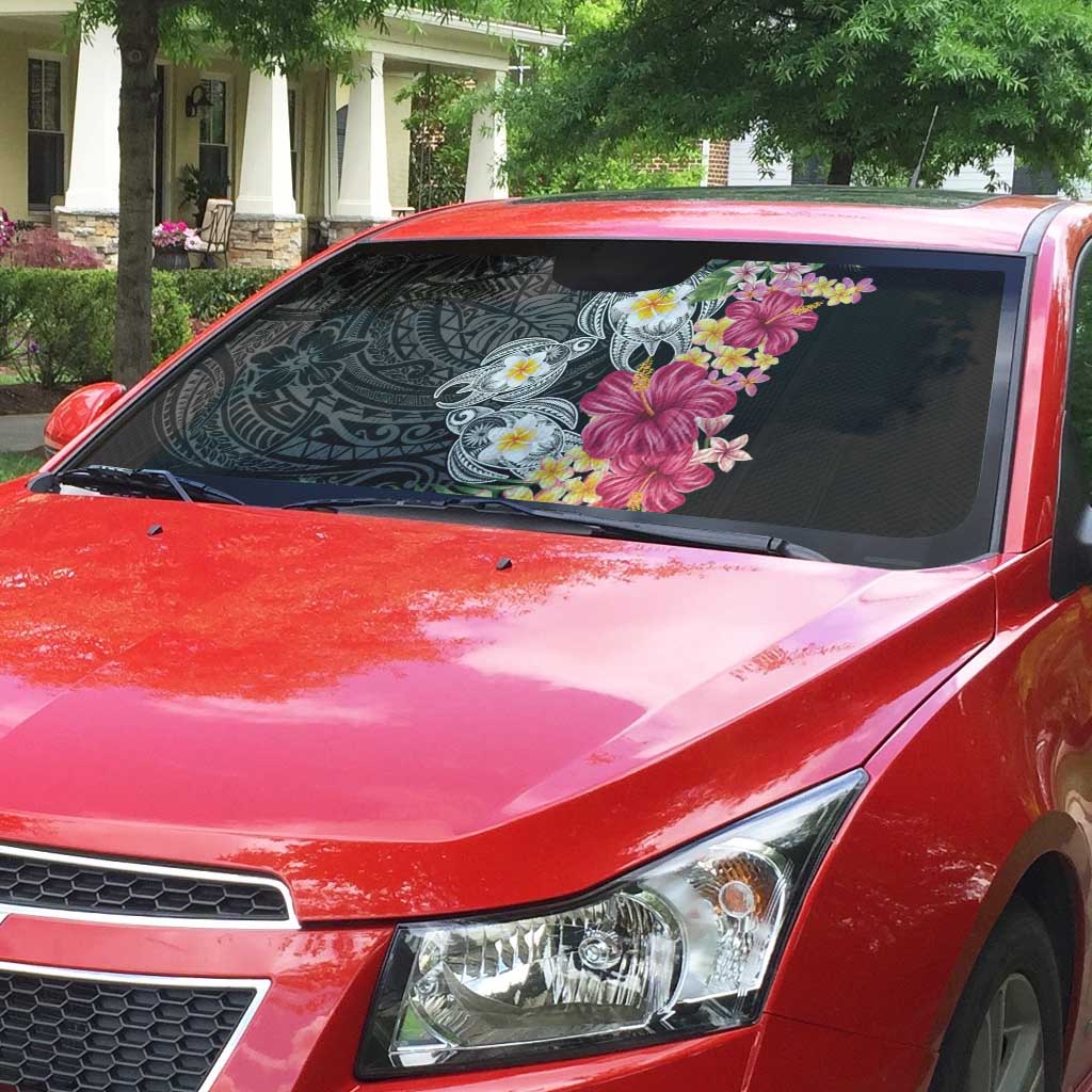 Hawaiian Tropical Flowers and Tribal Turtles Auto Sun Shade Polynesian Art Motifs Black Color - Polynesian Pride