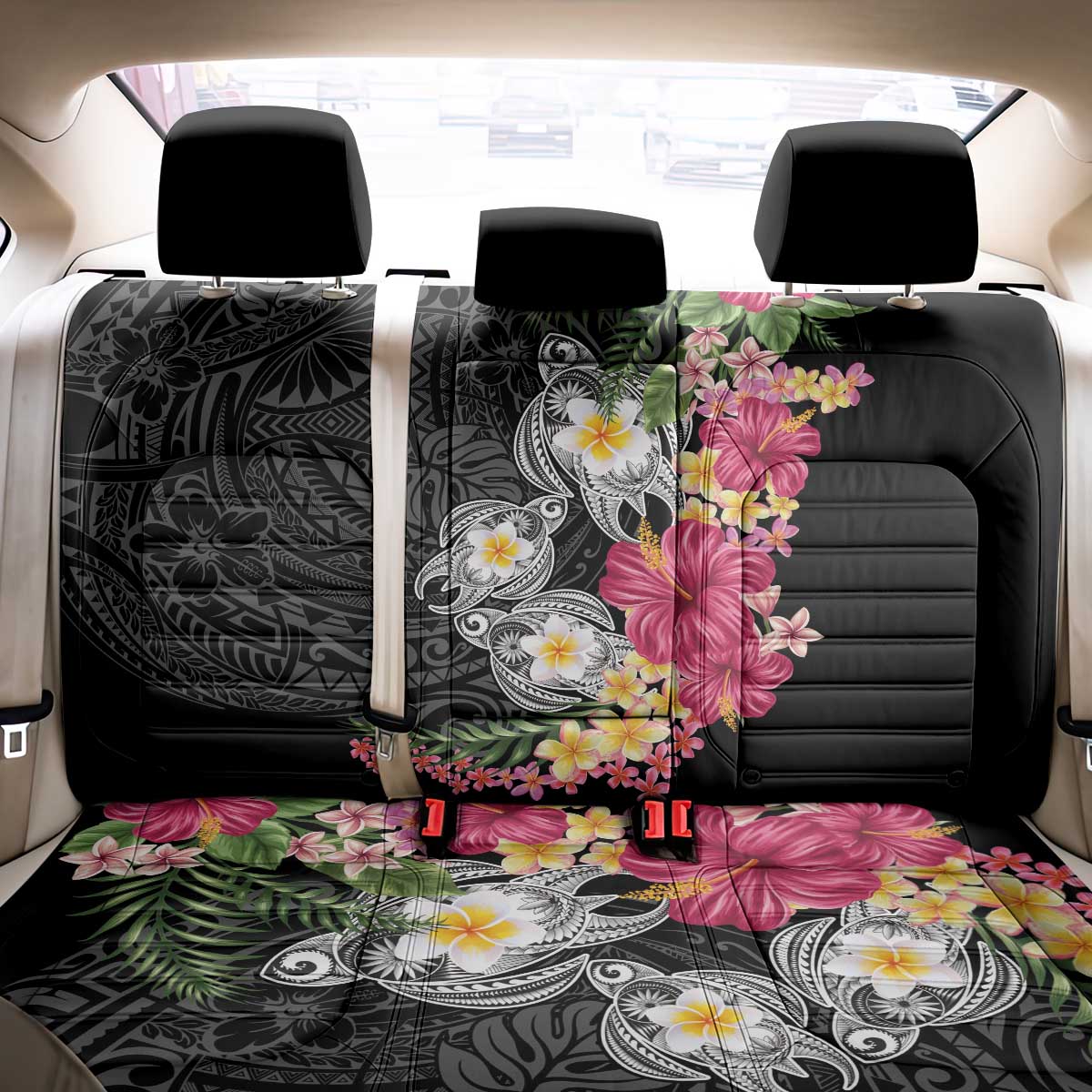 Hawaiian Tropical Flowers and Tribal Turtles Back Car Seat Cover Polynesian Art Motifs Black Color - Polynesian Pride