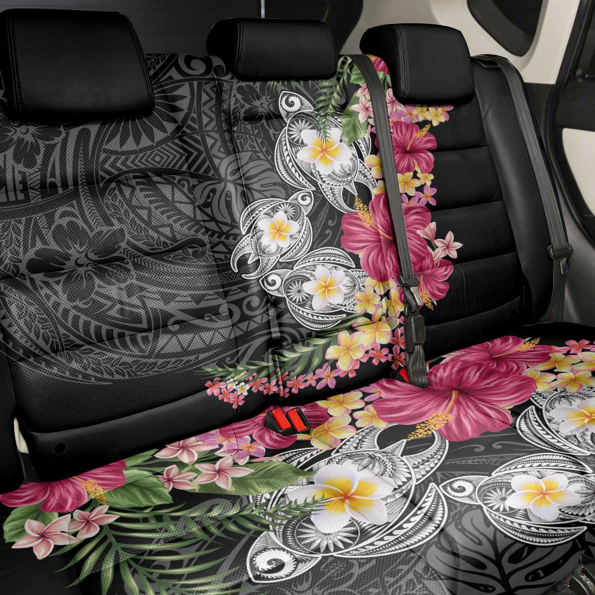 Hawaiian Tropical Flowers and Tribal Turtles Back Car Seat Cover Polynesian Art Motifs Black Color - Polynesian Pride