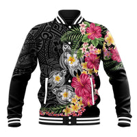 Hawaiian Tropical Flowers and Tribal Turtles Baseball Jacket Polynesian Art Motifs Black Color - Polynesian Pride