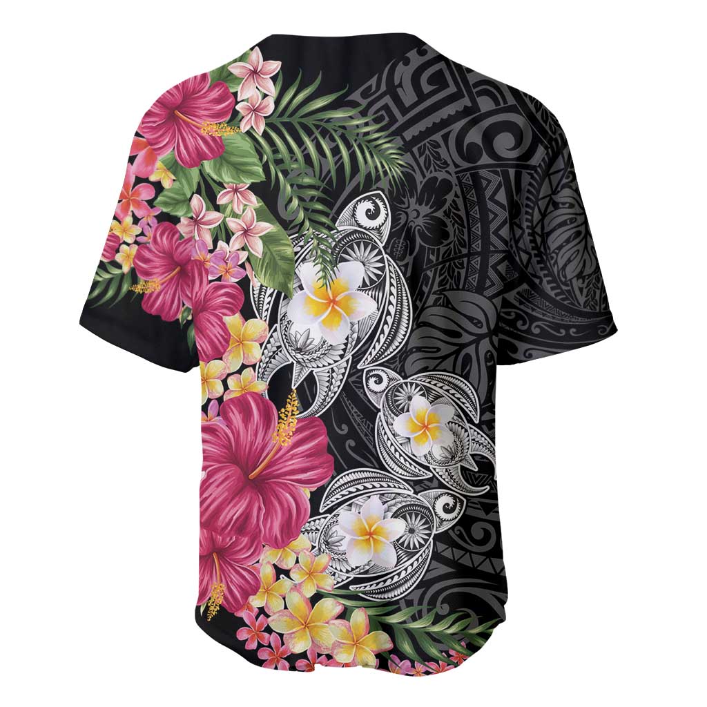 Hawaiian Tropical Flowers and Tribal Turtles Baseball Jersey Polynesian Art Motifs Black Color - Polynesian Pride