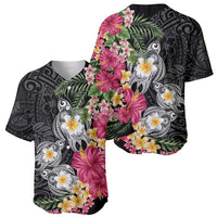 Hawaiian Tropical Flowers and Tribal Turtles Baseball Jersey Polynesian Art Motifs Black Color - Polynesian Pride