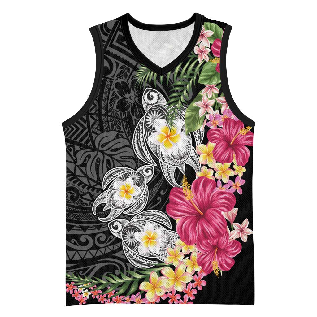 Hawaiian Tropical Flowers and Tribal Turtles Basketball Jersey Polynesian Art Motifs Black Color - Polynesian Pride
