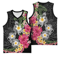 Hawaiian Tropical Flowers and Tribal Turtles Basketball Jersey Polynesian Art Motifs Black Color - Polynesian Pride