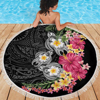 Hawaiian Tropical Flowers and Tribal Turtles Beach Blanket Polynesian Art Motifs Black Color - Polynesian Pride