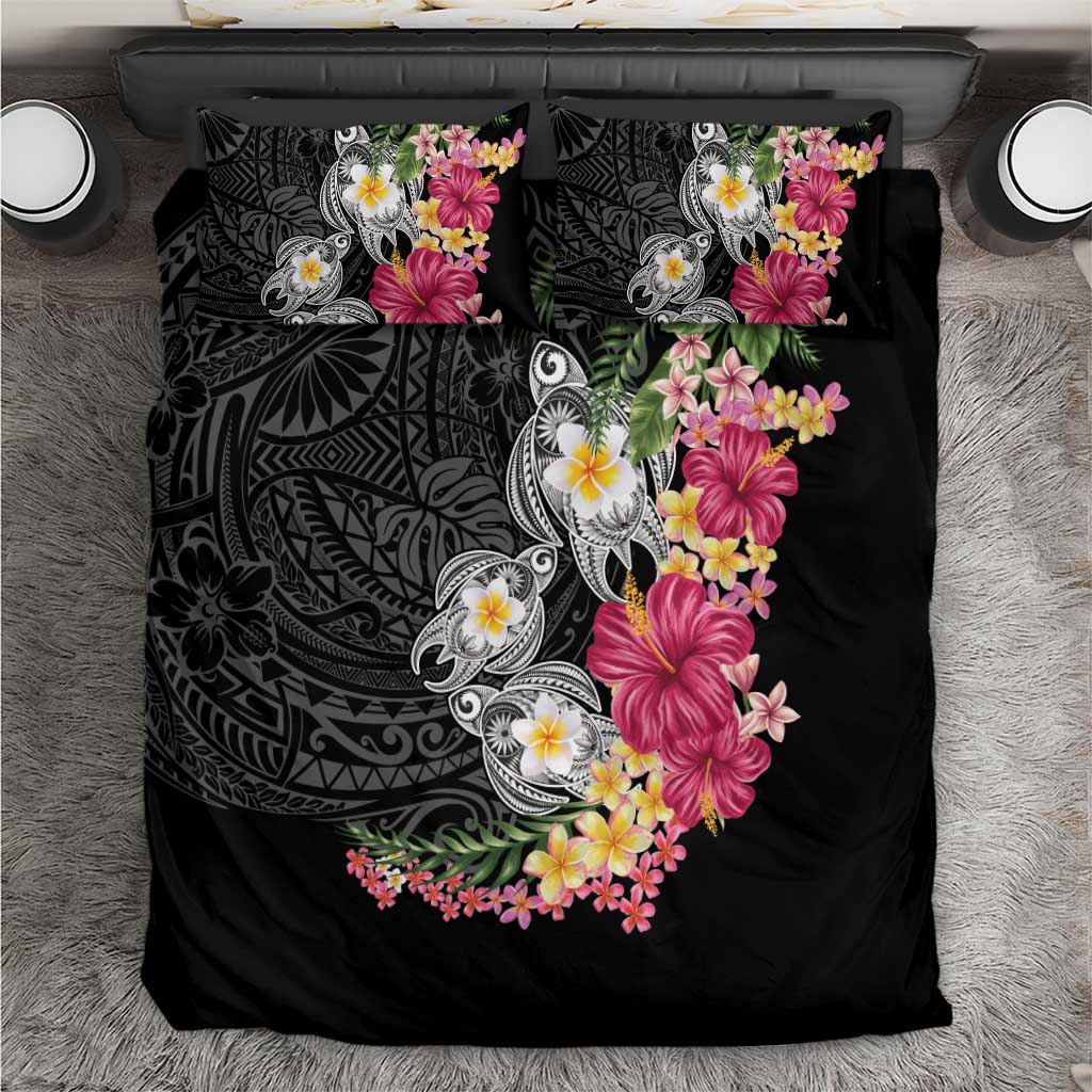 Hawaiian Tropical Flowers and Tribal Turtles Bedding Set Polynesian Art Motifs Black Color - Polynesian Pride