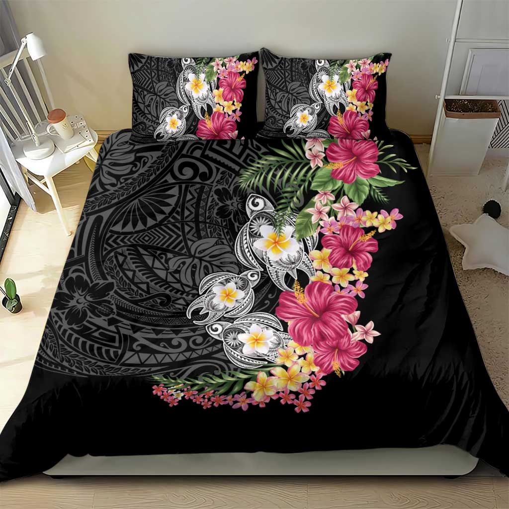 Hawaiian Tropical Flowers and Tribal Turtles Bedding Set Polynesian Art Motifs Black Color - Polynesian Pride