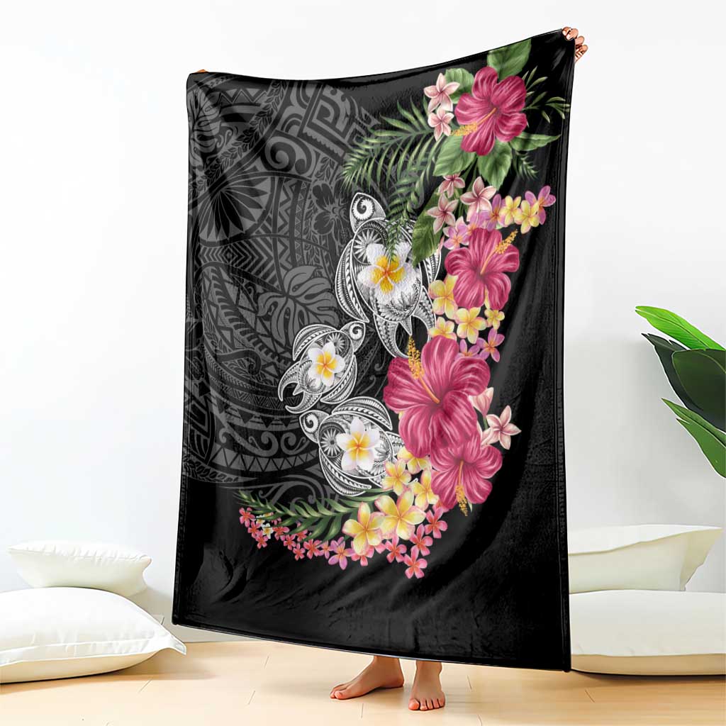 Hawaiian Tropical Flowers and Tribal Turtles Blanket Polynesian Art Motifs Black Color - Polynesian Pride