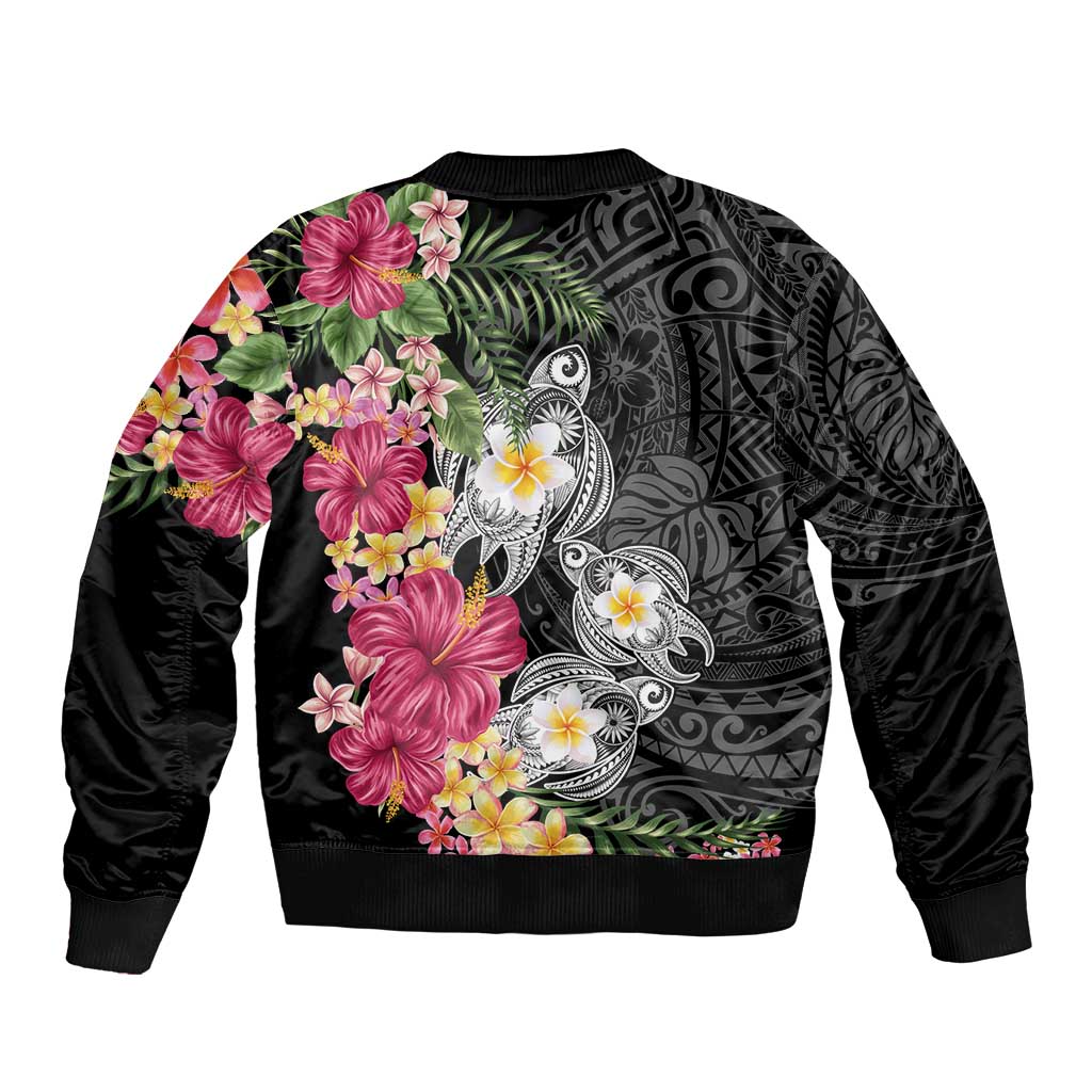 Hawaiian Tropical Flowers and Tribal Turtles Bomber Jacket Polynesian Art Motifs Black Color - Polynesian Pride