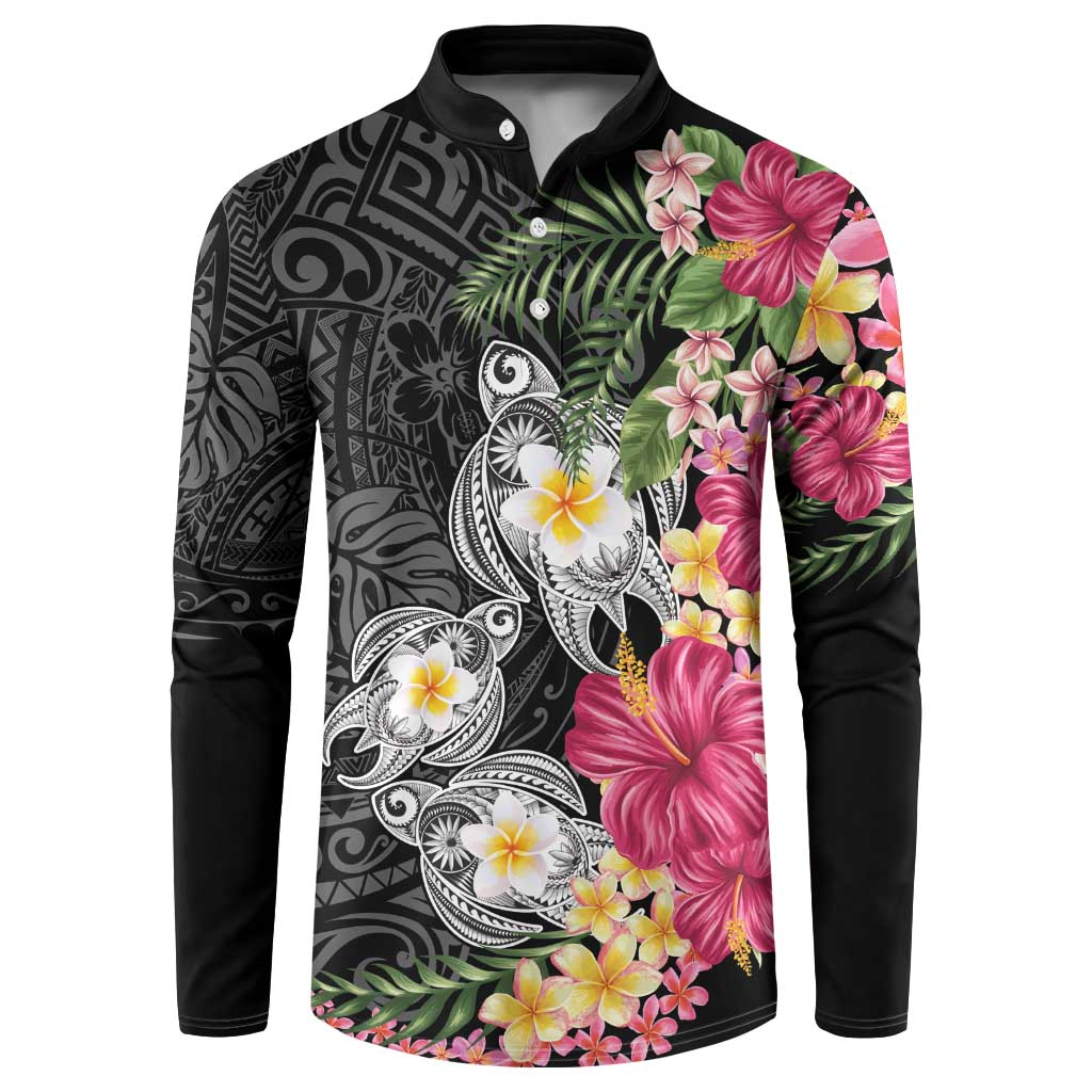 Hawaiian Tropical Flowers and Tribal Turtles Button Sweatshirt Polynesian Art Motifs Black Color - Polynesian Pride