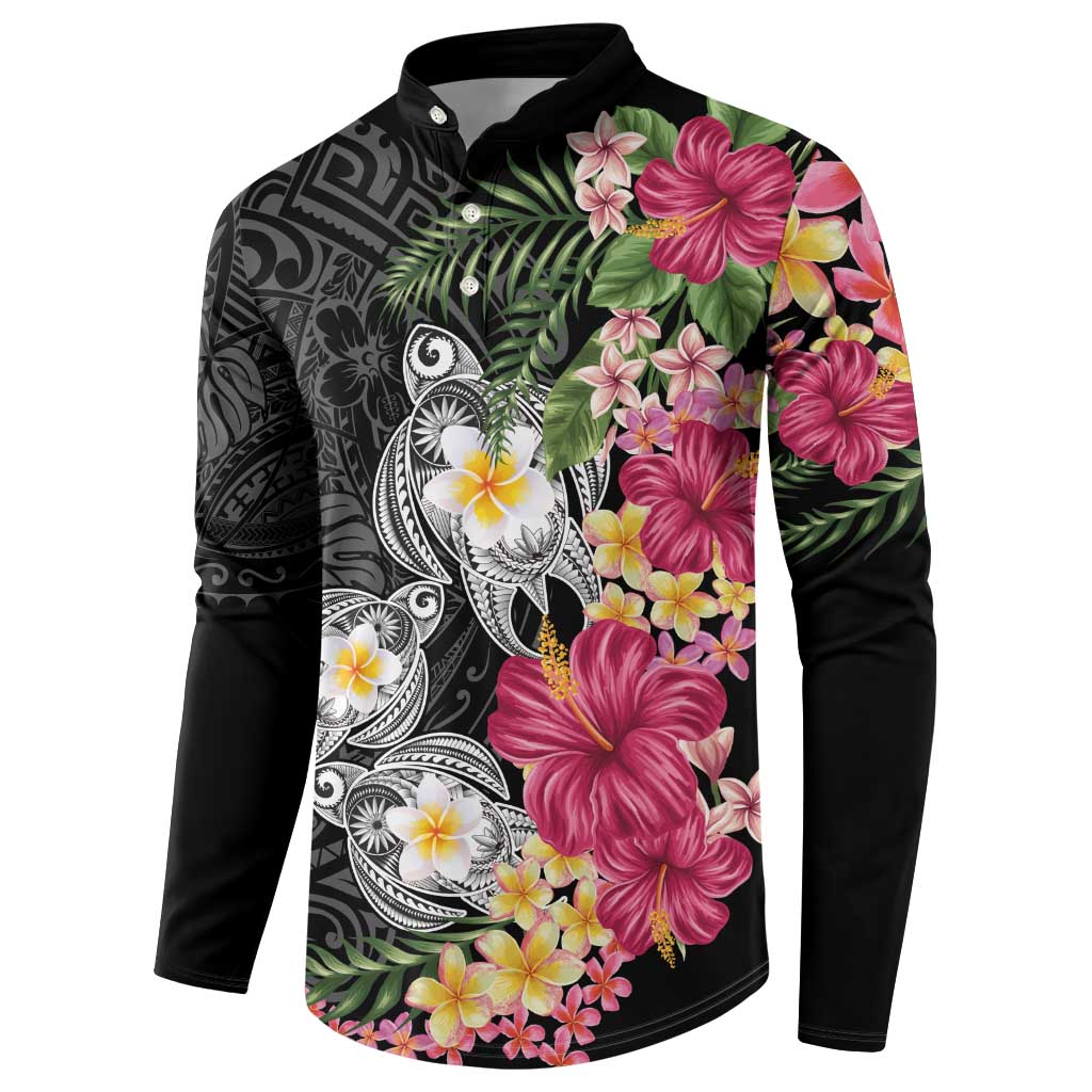 Hawaiian Tropical Flowers and Tribal Turtles Button Sweatshirt Polynesian Art Motifs Black Color - Polynesian Pride