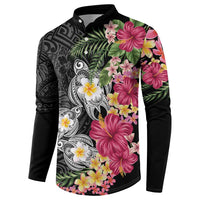 Hawaiian Tropical Flowers and Tribal Turtles Button Sweatshirt Polynesian Art Motifs Black Color - Polynesian Pride