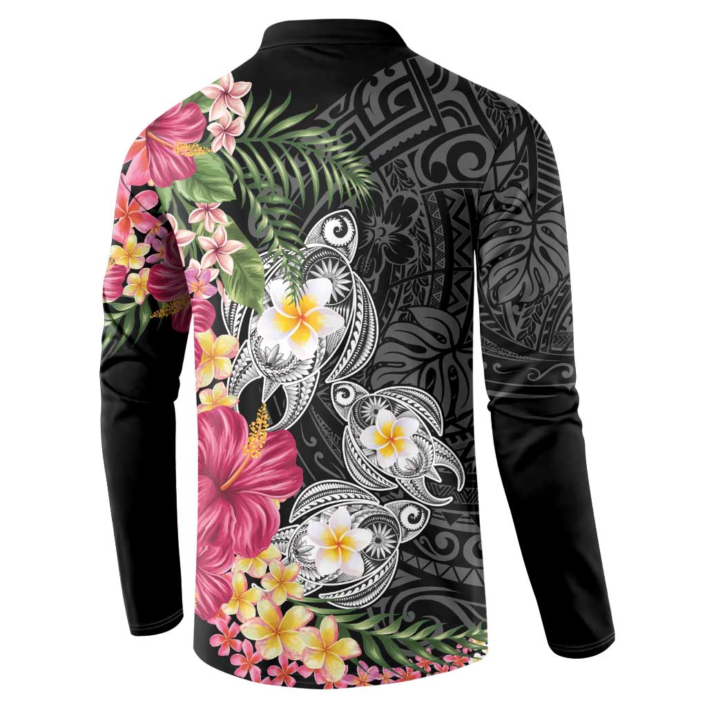 Hawaiian Tropical Flowers and Tribal Turtles Button Sweatshirt Polynesian Art Motifs Black Color - Polynesian Pride