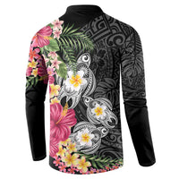 Hawaiian Tropical Flowers and Tribal Turtles Button Sweatshirt Polynesian Art Motifs Black Color - Polynesian Pride
