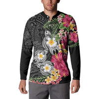 Hawaiian Tropical Flowers and Tribal Turtles Button Sweatshirt Polynesian Art Motifs Black Color - Polynesian Pride