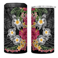 Hawaiian Tropical Flowers and Tribal Turtles 4 in 1 Can Cooler Tumbler Polynesian Art Motifs Black Color - Polynesian Pride