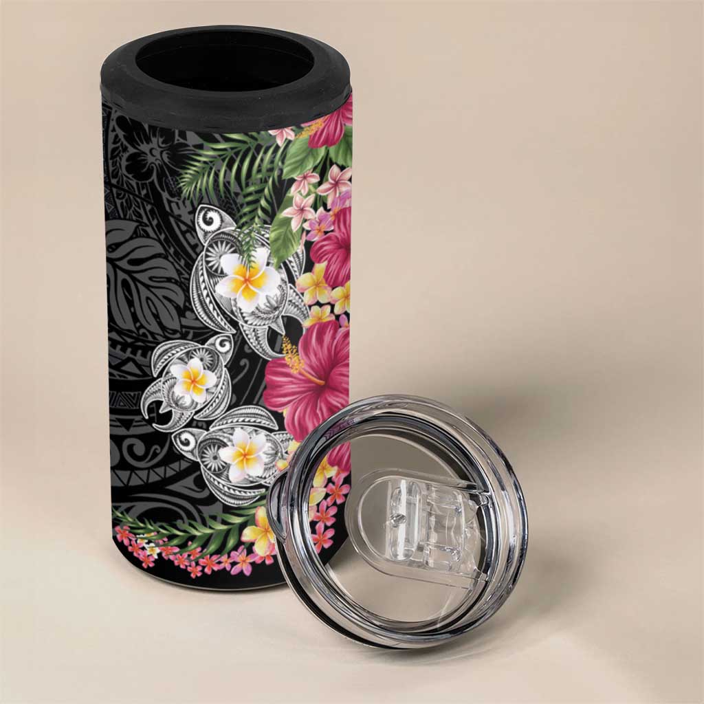 Hawaiian Tropical Flowers and Tribal Turtles 4 in 1 Can Cooler Tumbler Polynesian Art Motifs Black Color - Polynesian Pride
