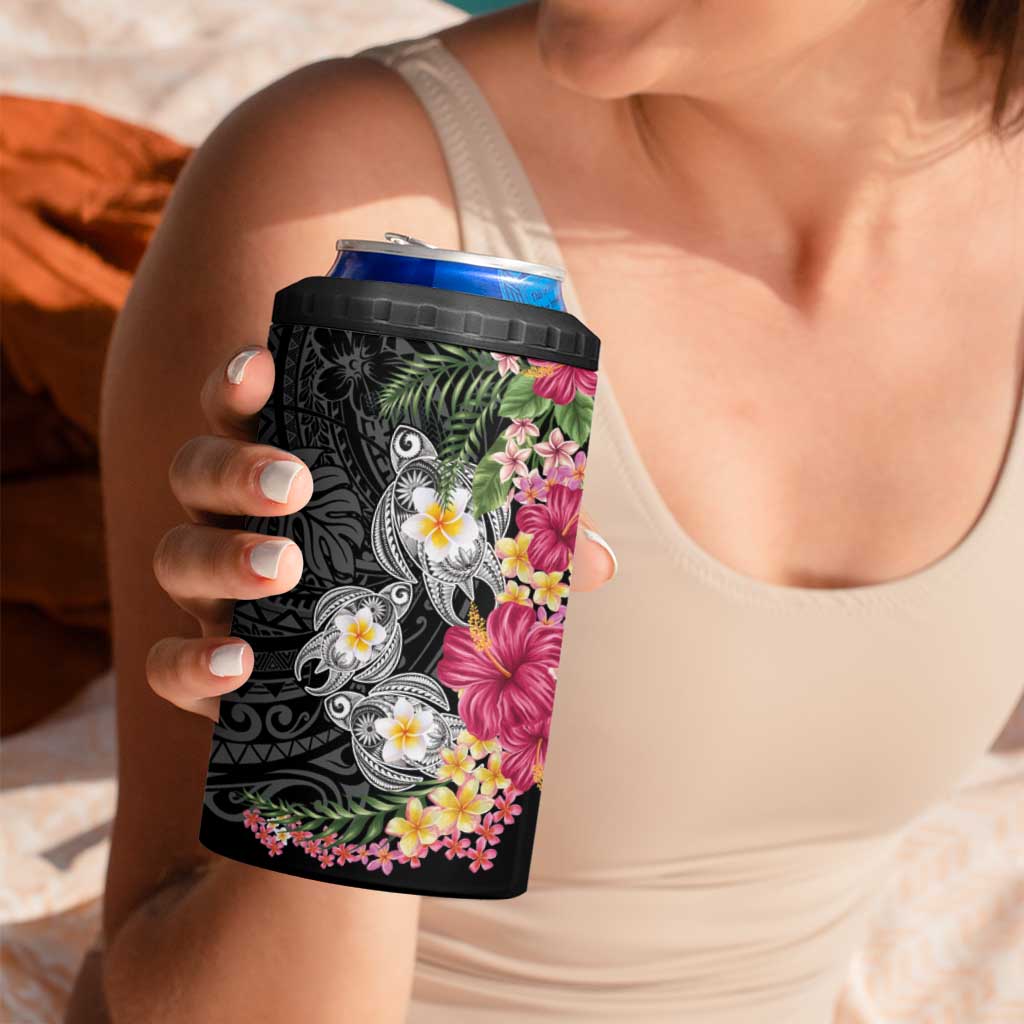 Hawaiian Tropical Flowers and Tribal Turtles 4 in 1 Can Cooler Tumbler Polynesian Art Motifs Black Color - Polynesian Pride