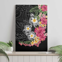 Hawaiian Tropical Flowers and Tribal Turtles Canvas Wall Art Polynesian Art Motifs Black Color - Polynesian Pride